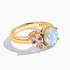 18KT Yellow Gold Vermeil Pear Morganite & Oval Moonstone Toi et Moi Ring - Twin Reverie Front View