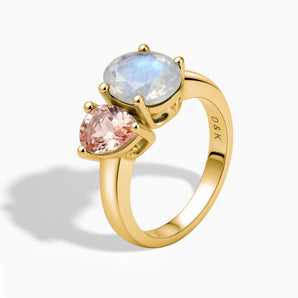 18KT Yellow Gold Vermeil Pear Morganite & Oval Moonstone Toi et Moi Ring - Twin Reverie Side View