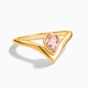 18KT Yellow Gold Vermeil Pear Morganite V Band Ring - Chevron Front View