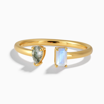 18KT Yellow Gold Vermeil Pear Moss Agate Emerald Cut Moonstone Toi et Moi Open Ring - Two Souls Front View