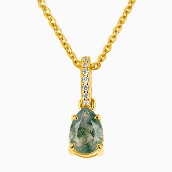 18KT Yellow Gold Vermeil Pear Moss Agate Pendant Necklace - Ocean Tear Front View