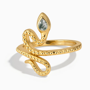 18KT Yellow Gold Vermeil Pear Moss Agate Serpent Ring - Mystic Coil Front View