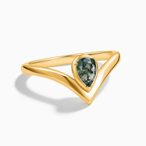 18KT Yellow Gold Vermeil Pear Moss Agate V Band Ring - Chevron Front View