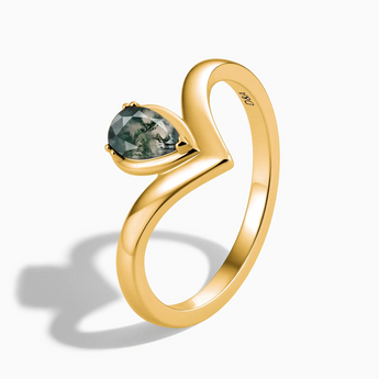 18KT Yellow Gold Vermeil Pear Moss Agate V Band Ring - Chevron Side View