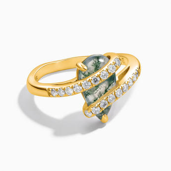 18KT Yellow Gold Vermeil Pear Moss Agate Wrap Ring - Orbit Front View