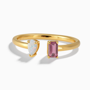 18KT Yellow Gold Vermeil Pear Opal Emerald Cut Pink Tourmaline Toi et Moi Open Ring - Two Souls Front View