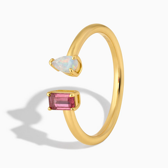 18KT Yellow Gold Vermeil Pear Opal Emerald Cut Pink Tourmaline Toi et Moi Open Ring - Two Souls Side View