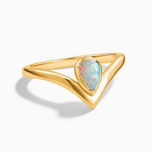 18KT Yellow Gold Vermeil Pear Opal V Band Ring - Chevron Front View