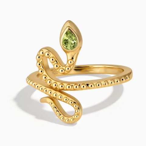 18KT Yellow Gold Vermeil Pear Peridot Serpent Ring - Mystic Coil Front View