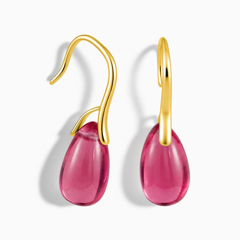 18KT Yellow Gold Vermeil Pear Pink Tourmaline Dangle Earrings - Dew Arc Front View