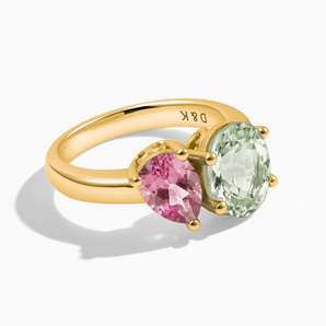 18KT Yellow Gold Vermeil Pear Pink Tourmaline & Oval Green Amethyst Toi et Moi Ring - Twin Reverie Front View