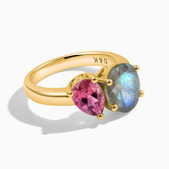 18KT Yellow Gold Vermeil Pear Pink Tourmaline & Oval Labradorite Toi et Moi Ring - Twin Reverie Front View