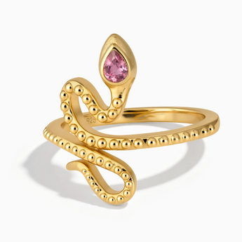 18KT Yellow Gold Vermeil Pear Pink Tourmaline Serpent Ring - Mystic Coil Front View