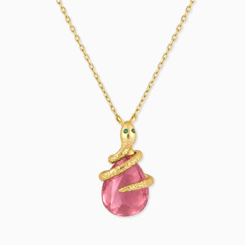 18KT Yellow Gold Vermeil Pear Pink Tourmaline Serpent Wrap Necklace Wild Oath Front View