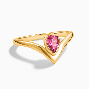 18KT Yellow Gold Vermeil Pear Pink Tourmaline V Band Ring - Chevron Front View
