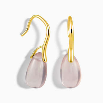 18KT Yellow Gold Vermeil Pear Rose Quartz Dangle Earrings - Dew Arc Front View