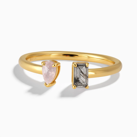 18KT Yellow Gold Vermeil Pear Rose Quartz Emerald Cut Black Rutilated Quartz Toi et Moi Open Ring - Two Souls Front View
