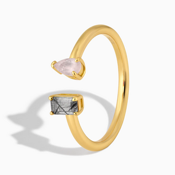 18KT Yellow Gold Vermeil Pear Rose Quartz Emerald Cut Black Rutilated Quartz Toi et Moi Open Ring - Two Souls Side View