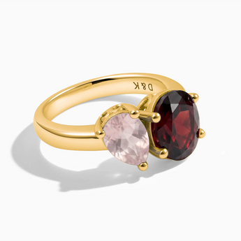 18KT Yellow Gold Vermeil Pear Rose Quartz & Oval Garnet Toi et Moi Ring - Twin Reverie Front View