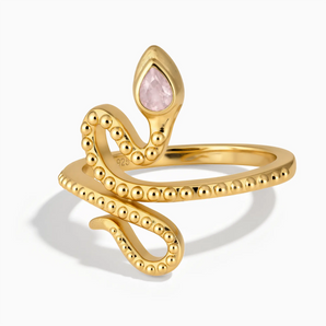 18KT Yellow Gold Vermeil Pear Rose Quartz Serpent Ring - Mystic Coil Front View
