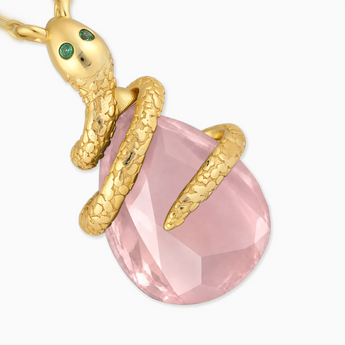 18KT Yellow Gold Vermeil Pear Rose Quartz Serpent Wrap Necklace Wild Oath Detail View