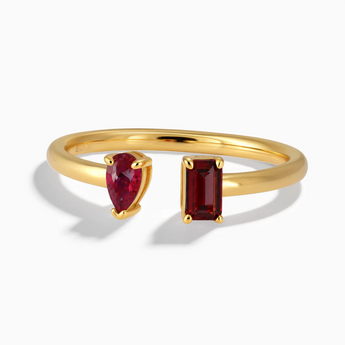 18KT Yellow Gold Vermeil Pear Ruby Emerald Cut Garnet Toi et Moi Open Ring - Two Souls Front View