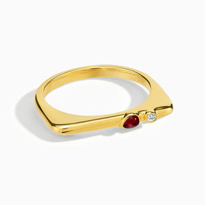 18KT Yellow Gold Vermeil Pear Ruby Puzzle Stacking Ring - Minimal Calml Front View