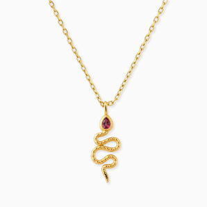 18KT Yellow Gold Vermeil Pear Ruby Serpent Pendant Necklace Meander Front View