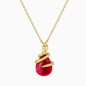 18KT Yellow Gold Vermeil Pear Ruby Serpent Wrap Necklace Wild Oath Front View