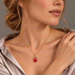 18KT Yellow Gold Vermeil Pear Ruby Serpent Wrap Necklace Wild Oath Model Shot