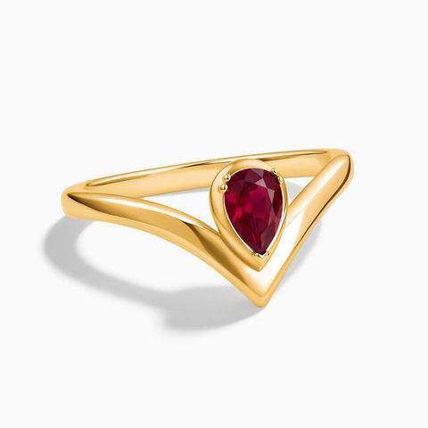 18KT Yellow Gold Vermeil Pear Ruby V Band Ring - Chevron Front View