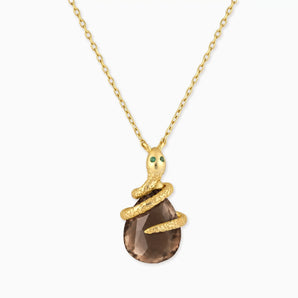 18KT Yellow Gold Vermeil Pear Smoky Quartz Serpent Wrap Necklace Wild Oath Front View