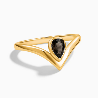 18KT Yellow Gold Vermeil Pear Smoky Quartz V Band Ring - Chevron Front View