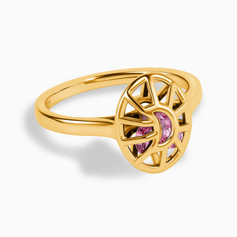 18KT Yellow Gold Vermeil Pink Tourmaline Crescent Moon Hollow Oval Shaker Ring - Soul Cage Angled Front View