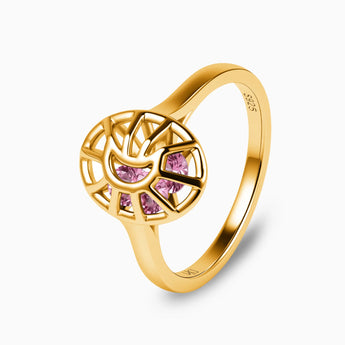 18KT Yellow Gold Vermeil Pink Tourmaline Crescent Moon Hollow Oval Shaker Ring - Soul Cage Side View