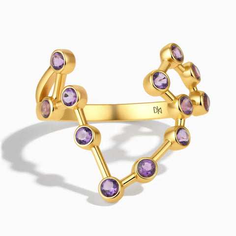 18KT Yellow Gold Vermeil Pisces Zodiac Constellation Ring - Amethyst Front View