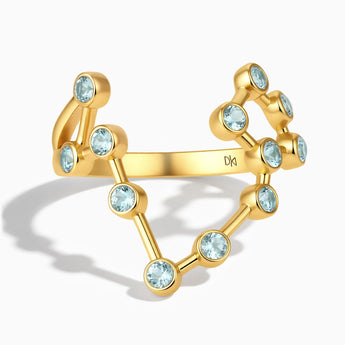 18KT Yellow Gold Vermeil Pisces Zodiac Constellation Ring - Aquamarine Front View