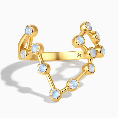 18KT Yellow Gold Vermeil Pisces Zodiac Constellation Ring - Moonstone Front View