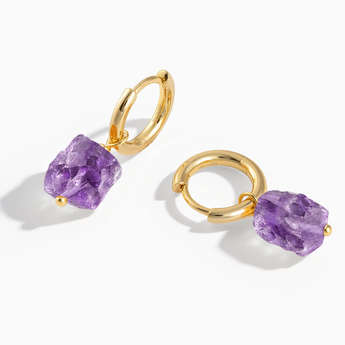 18KT Yellow Gold Vermeil Raw Amethyst Drop Hoop Earrings - Untamed Grace Front View