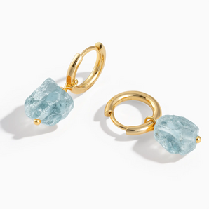 18KT Yellow Gold Vermeil Raw Aquamarine Drop Hoop Earrings - Untamed Grace Front View
