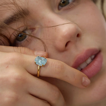 18KT Yellow Gold Vermeil Raw Aquamarine Ring - Freeform Worn View