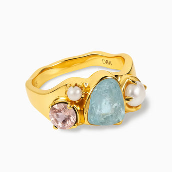 18KT Yellow Gold Vermeil Raw Aquamarine & Round Morganite Wavy Ring - Rolling Tides Front View