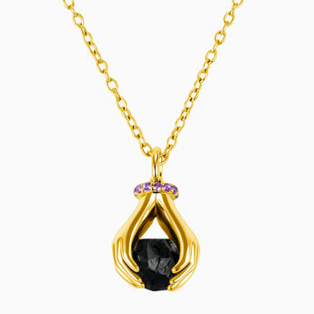 18KT Yellow Gold Vermeil Raw Black Onyx Cradle Necklace - Guardian Hands Front View