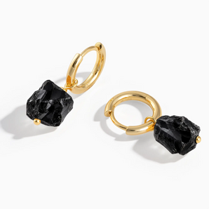 18KT Yellow Gold Vermeil Raw Black Onyx Drop Hoop Earrings - Untamed Grace Front View