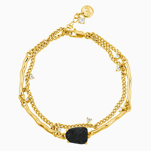 18KT Yellow Gold Vermeil Raw Black Onyx Layered Bracelet - Wild Vine Front View