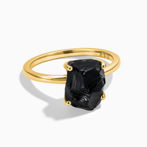 18KT Yellow Gold Vermeil Raw Black Onyx Ring - Freeform Front View