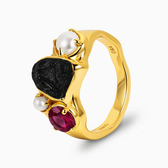 18KT Yellow Gold Vermeil Raw Black Onyx & Round Ruby Wavy Ring - Rolling Tides Side View