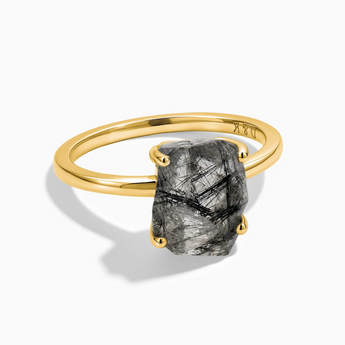 18KT Yellow Gold Vermeil Raw Black Rutilated Quartz Ring - Freeform Front View