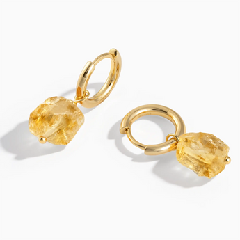 18KT Yellow Gold Vermeil Raw Citrine Drop Hoop Earrings - Untamed Grace Front View