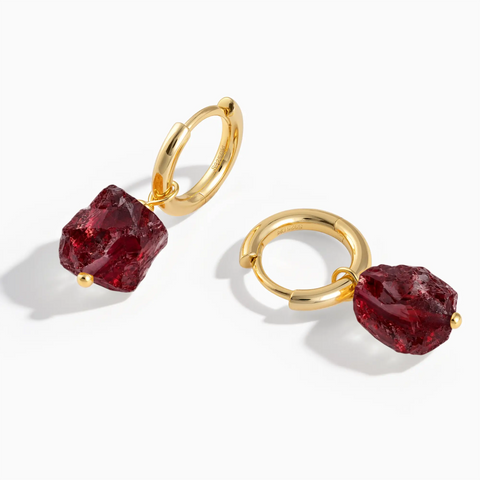 18KT Yellow Gold Vermeil Raw Garnet Drop Hoop Earrings - Untamed Grace Front View